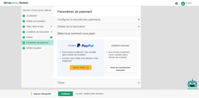 Paramètres de paiement sur Tripavisor
