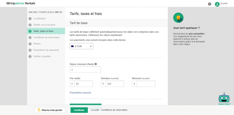 Tarifs, taxes et frais annonce Tripadvisor location saisonnière