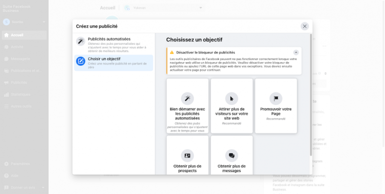 Choisir un objectif pour créer une publicité sur Facebook