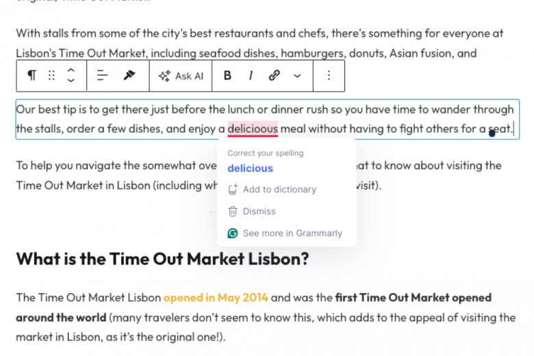Example of Grammarly when editing